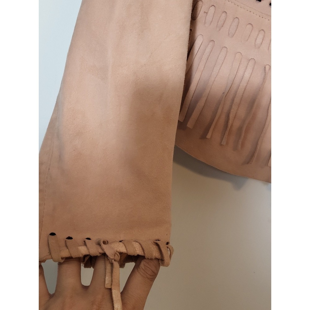 White House Black Market Suede Fringe Jacket Tan Boho Whipstitch Leather Small - Picture 7 of 8